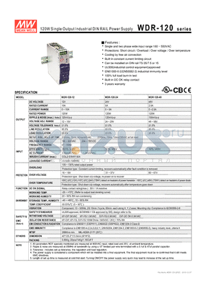 WDR-120-48 datasheet - 120W Single Output Industrial DIN RAIL Power Supply