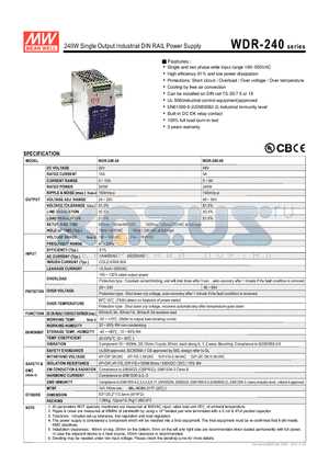 WDR-240 datasheet - 240W Single Output Industrial DIN RAIL Power Supply