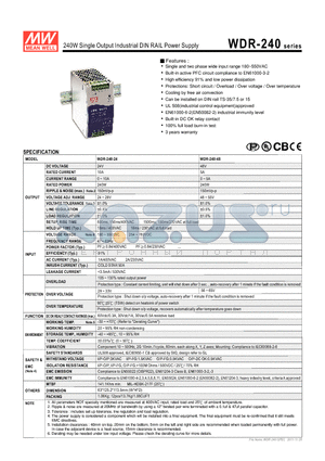 WDR-240-24 datasheet - 240W Single Output Industrial DIN RAIL Power Supply