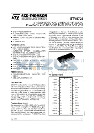 STV5728 datasheet - 4-HEAD VIDEO AND 2-HEADS HIFI AUDIO PLAYBACK AND RECORD AMPLIFIER FOR VCR