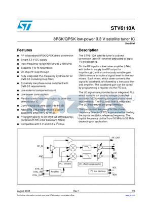 STV6110A datasheet - 8PSK/QPSK low-power 3.3 V satellite tuner IC