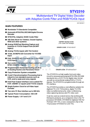 STV2310 datasheet - Multistandard TV Digital Video Decoder with Adaptive Comb Filter and RGB/YCrCb Input
