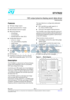 STV7622 datasheet - 192 output plasma display panel data driver