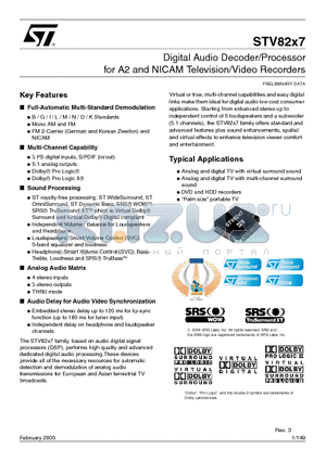 STV8237T datasheet - Digital Audio Decoder/Processor for A2 and NICAM Television/Video Recorders