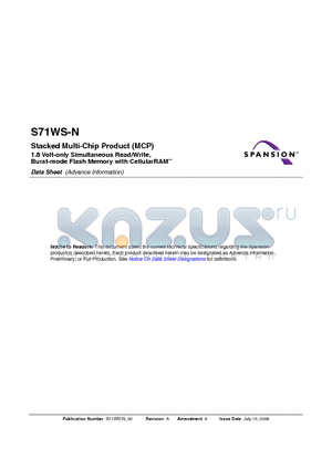 S71WS256NB0BFWYK3 datasheet - Stacked Multi-Chip Product (MCP)