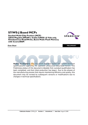 S71WS256JB0BAWAY3 datasheet - Stacked Multi-Chip Product (MCP)