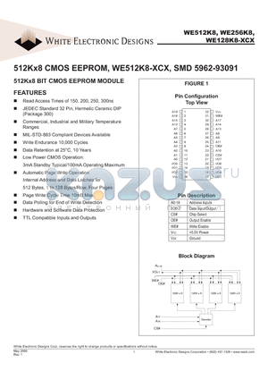 WE128K8-200CI datasheet - 512Kx8 CMOS EEPROM, WE512K8-XCX, SMD 5962-93091