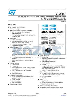 STV83X7F datasheet - TV sound processor with analog broadcast demodulator for A2 and NICAM standards