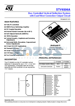 STV9306A datasheet - Bus-Controlled Vertical Deflection System with East/West Correction Output Circuit