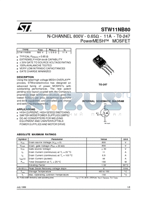 STW11NB80 datasheet - N-CHANNEL 800V - 0.65ohm - 11A - T0-247 PowerMESH  MOSFET