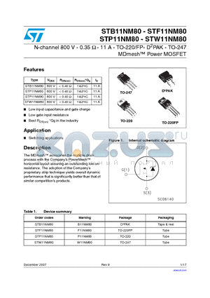 STW11NM80 datasheet - N-channel 800 V - 0.35 Y - 11 A - TO-220/FP- D2PAK - TO-247 MDmesh Power MOSFET