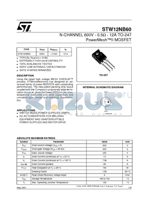 STW12NB60 datasheet - N-CHANNEL 600V - 0.5ohm - 12A TO-247 PowerMeshII MOSFET