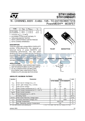 STW13NB60 datasheet - N - CHANNEL 600V - 0.48ohm - 13A - TO-247/ISOWATT218 PowerMESH  MOSFET