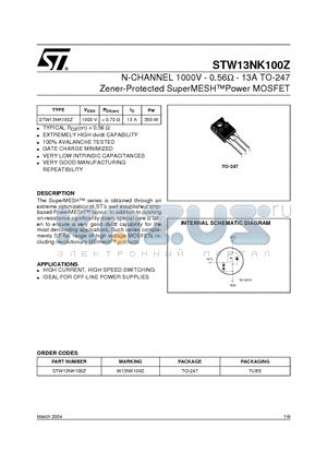 STW13NK100Z datasheet - N-CHANNEL 1000V - 0.56 OHM - 13A TO-247 Zener-Protected SuperMESH Power MOSFET