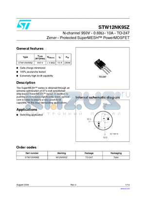 STW12NK95Z datasheet - N-channel 950V - 0.69Y - 10A - TO-247 Zener - Protected SuperMESH PowerMOSFET