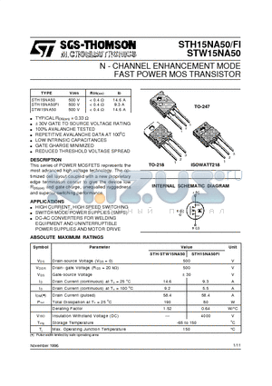 STW15NA50 datasheet - N - CHANNEL ENHANCEMENT MODE FAST POWER MOS TRANSISTOR