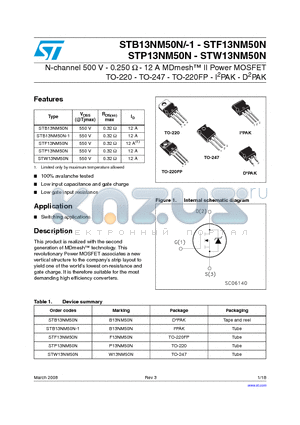 STW13NM50N datasheet - N-channel 500 V - 0.250 Y - 12 A MDmesh II Power MOSFET TO-220 - TO-247 - TO-220FP - I2PAK - D2PAK