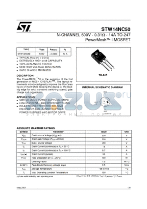 STW14NC50 datasheet - N-CHANNEL 500V - 0.31W - 14A TO-247 PowerMesh II MOSFET