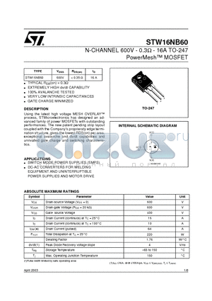 STW16NB60 datasheet - N-CHANNEL 600V - 0.3ohm - 16A TO-247 PowerMesh MOSFET