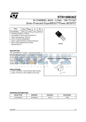 STW18NK80Z datasheet - N-CHANNEL 800V - 0.34W - 19A TO-247 Zener-Protected SuperMESHPower MOSFET