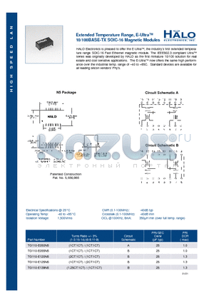 TG110-E139N5 datasheet - Extended Temperature Range, E-Ultra 10/100BASE-TX SOIC-16 Magnetic Modules