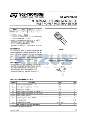 STW20NA50 datasheet - N - CHANNEL ENHANCEMENT MODE FAST POWER MOS TRANSISTOR