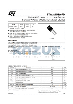 STW20NM50FD datasheet - N-CHANNEL 500V - 0.22ohm - 20A TO-247 FDmesh Power MOSFET with FAST DIODE