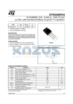 STW200NF03 datasheet - N-CHANNEL 30V - 0.002 ohm - 120A TO-247 ULTRA LOW ON-RESISTANCE STripFET II MOSFET