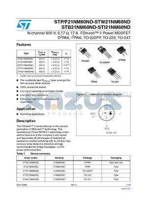 STW21NM60ND datasheet - N-channel 600 V, 0.17 Y, 17 A FDmesh II Power MOSFET D2PAK, I2PAK, TO-220FP, TO-220, TO-247