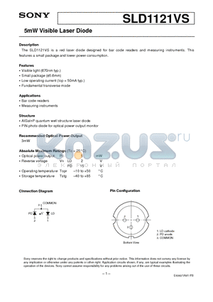 SLD1121VS datasheet - 5mW Visible Laser Diode