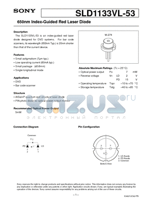 SLD1133VL-53 datasheet - 650nm Index-Guided Red Laser Diode