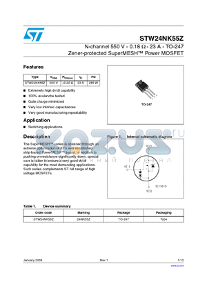 STW24NK55Z datasheet - N-channel 550 V - 0.18 Y - 23 A - TO-247 Zener-protected SuperMESH Power MOSFET