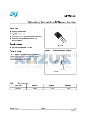 STW3040 datasheet - High voltage fast-switching NPN power transistor