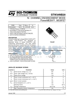 STW34NB20 datasheet - N - CHANNEL ENHANCEMENT MODE PowerMESH  MOSFET