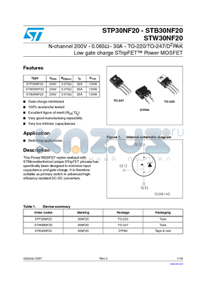 STW30NF20 datasheet - N-channel 200V - 0.065Y - 30A - TO-220/TO-247/D2PAK Low gate charge STripFET Power MOSFET