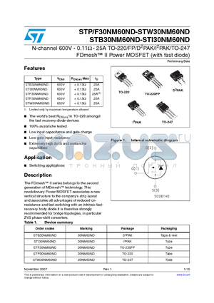 STW30NM60ND datasheet - N-channel 600V - 0.11Y - 25A TO-220/FP/D2PAK/I2PAK/TO-247 FDmesh II Power MOSFET (with fast diode)