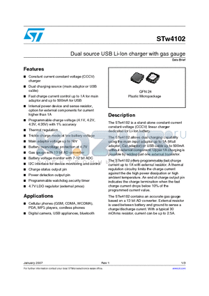 STW4102 datasheet - Dual source USB Li-Ion charger with gas gauge