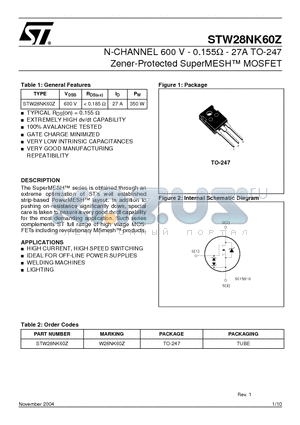 STW28NK60Z datasheet - N-CHANNEL 600 V - 0.155 - 27A TO-247 Zener-Protected SuperMESH MOSFET