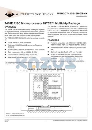 WED3C7410E16M-XBHX datasheet - 7410E RISC Microprocessor HiTCETM Multichip Package