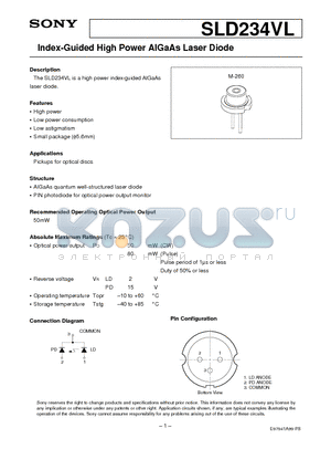 SLD234VL datasheet - Index-Guided High Power AlGaAs Laser Diode