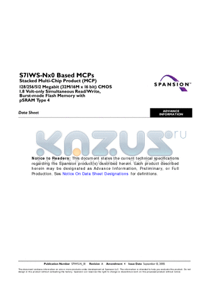 S71WS256ND0BFWE20 datasheet - Stacked Multi-Chip Product (MCP)