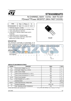 STW45NM50FD datasheet - N-CHANNEL 500V - 0.07ohm - 45A TO-247 FDmeshPower MOSFET With FAST DIODE