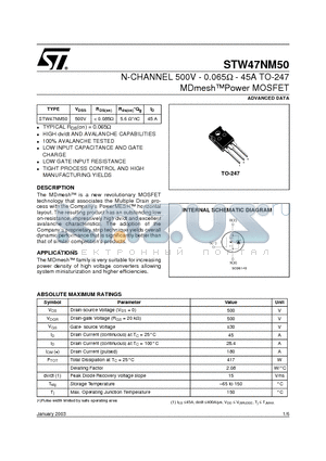 STW47NM50 datasheet - N-CHANNEL 500V - 0.065ohm - 45A TO-247 MDmeshPower MOSFET