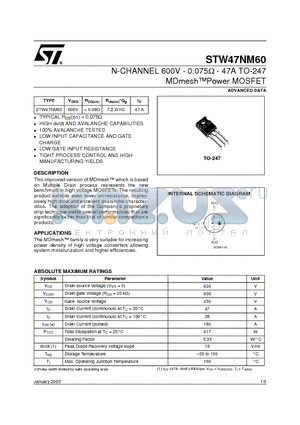 STW47NM60 datasheet - N-CHANNEL 600V - 0.075ohm - 47A TO-247 MDmeshPower MOSFET