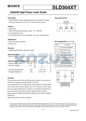 SLD304XT-2 datasheet - 1000mW High Power Laser Diode