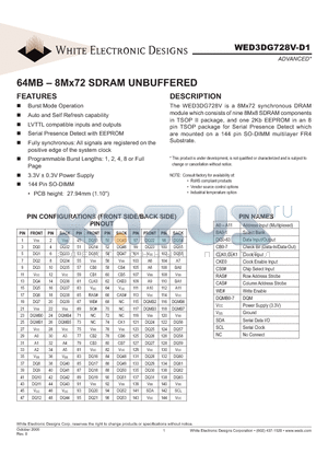 WED3DG728V10D1 datasheet - 64MB - 8Mx72 SDRAM UNBUFFERED