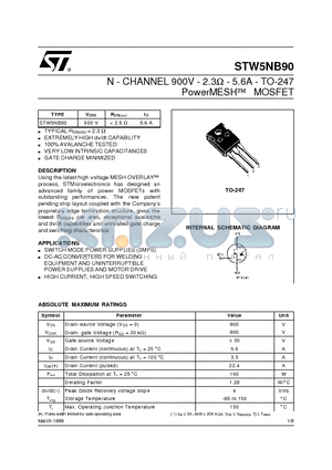 STW5NB90 datasheet - N - CHANNEL 900V - 2.3ohm - 5.6A - TO-247 PowerMESH  MOSFET