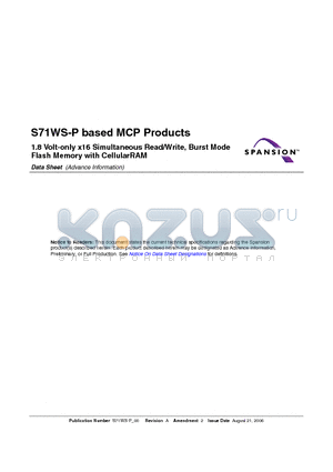 S71WS256PD0JF3HL0 datasheet - 1.8 Volt-only x16 Simultaneous Read/Write, Burst Mode Flash Memory with CellularRAM