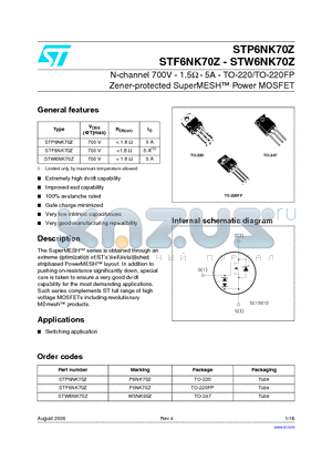 STW6NK70Z datasheet - N-channel 700V - 1.5Y - 5A - TO-220/TO-220FP Zener-protected SuperMESH Power MOSFET