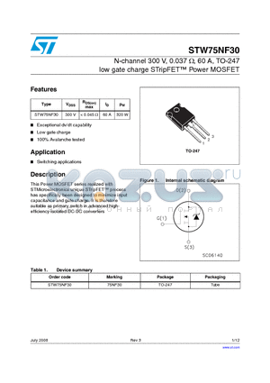 STW75NF30 datasheet - N-channel 300 V, 0.037 Y, 60 A, TO-247 low gate charge STripFET Power MOSFET